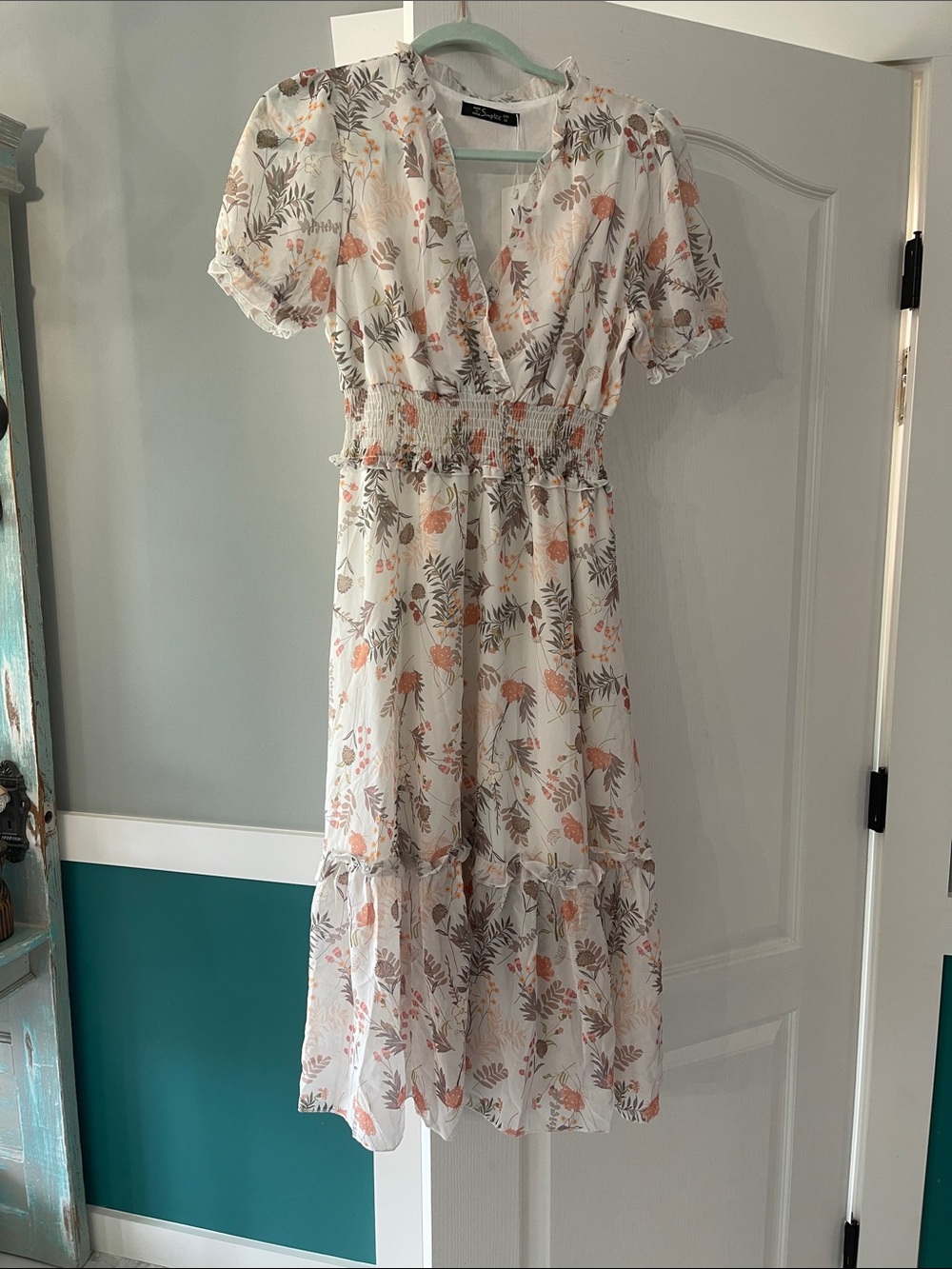Simple Cream Midi Dress with Peach Floral Print